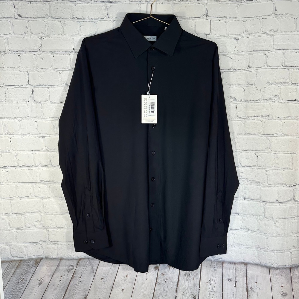 NEW Collars & Co Apex Dress Shirt Mens Large Black Long Sleeve 4-Way Stretch NWT